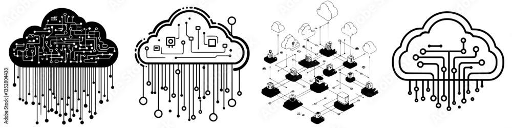 Poster digital clouds showcase various technology concepts, emphasizing data connectivity and network infra
