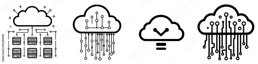 Poster different cloud computing symbols representing data storage and transfer in a digital environment