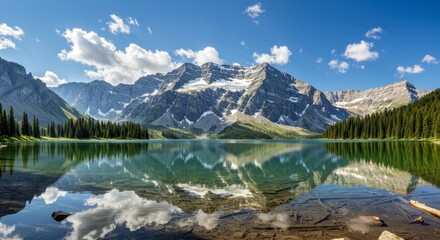 Serene Mountain Lake Reflection - A tranquil mountain lake reflects the majestic snow-capped peaks and lush evergreen trees under a vibrant blue sky