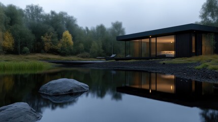 Modern cabin nestled beside a serene pond in a misty forest