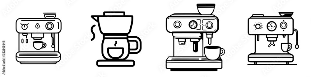 Poster different types of coffee machines featured in a minimalist style with clean lines and simple design