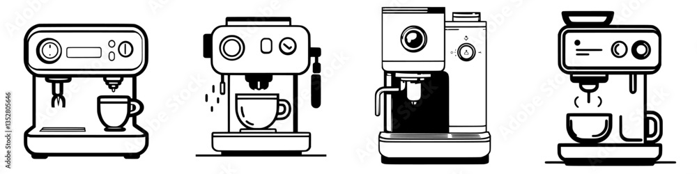 Poster different types of coffee machines displayed in a row showcasing their unique designs and functions
