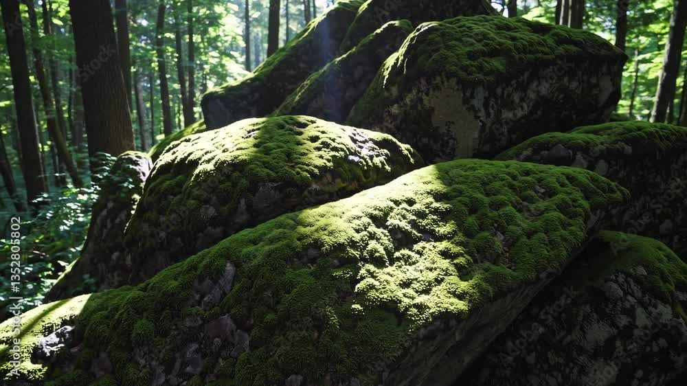 Poster Moss-covered boulders in a lush forest with sunlight filtering through trees