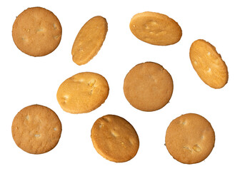 plain peanut tea biscuits cookie set flying in mid air, against a transparent background