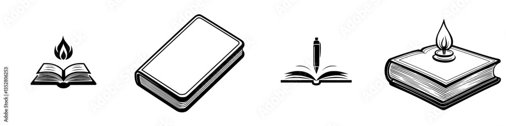 Poster illustrations of various books and reading materials with a candle and pen on a simple background