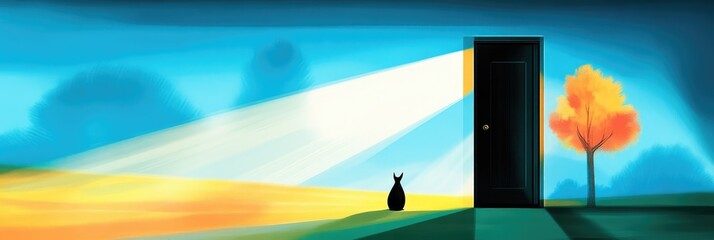 Fototapeta premium Black cat silhouette stands before an open door emitting a bright beam of light across a surreal blue and yellow landscape.