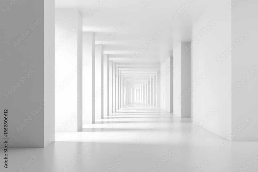 Poster a bright white hallway with receding square arches creating a tunnel effect in a modern architecture