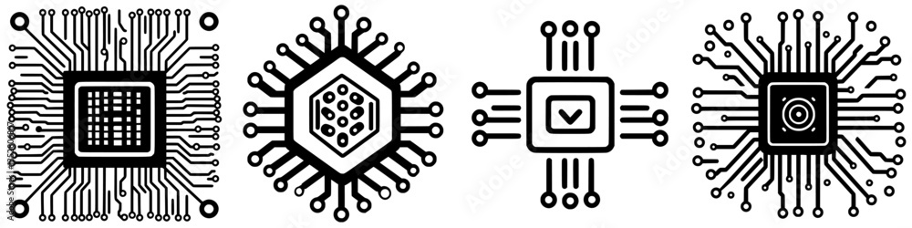 Poster detailed illustration of multiple microchip designs showcasing intricate circuit patterns and shapes