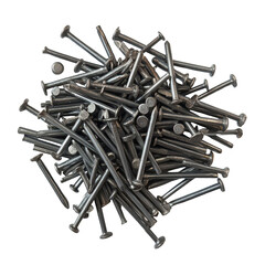 Heap of metal nails scattered on a white background ready for construction projects, Heap metal nails on white background
