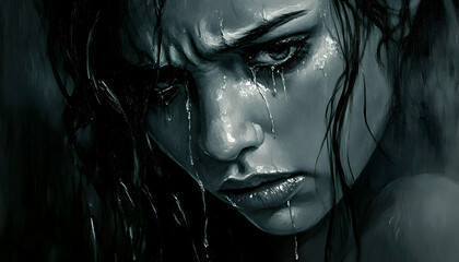 Woman in full-length, deeply sad, her eyes brimming with tears, set against a dark grey background that reflects the somber mood and depth of her sorrow.