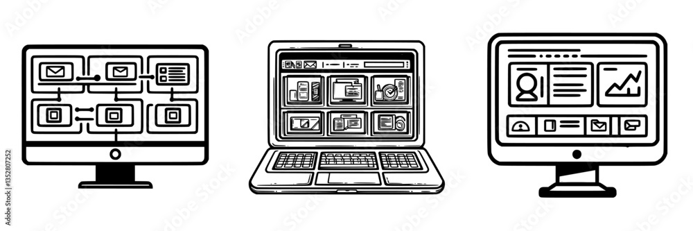 Poster digital devices display various screens showcasing user interfaces and workflows in a modern workspa