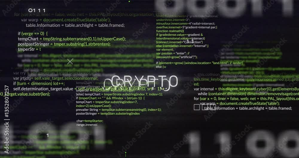 Poster digital code with crypto text overlay, representing cryptocurrency concept on dark background