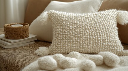 Cozy interior. Soft textures, knit, books, candle, creating a warm, inviting feel