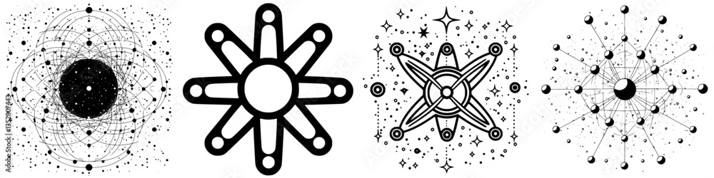Poster intricate geometric patterns showcasing symmetry and design with circles and stars on a white backgr