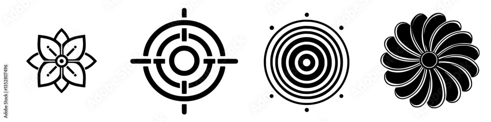 Poster decorative symbols showcase intricate designs, blending nature and geometry in various circular form