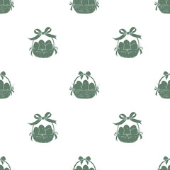 seamless pattern features elegant green Easter baskets filled with eggs, adorned with delicate bows, all set against a clean white background. 
