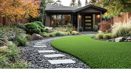 Obraz premium Cozy house with garden path, vibrant autumn leaves, and green lawn