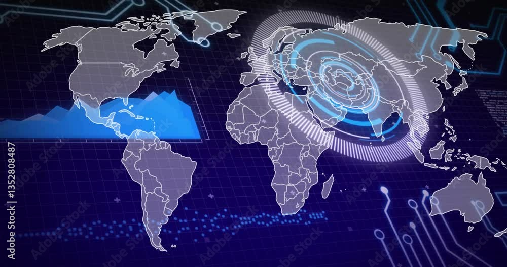 Poster global map with digital data processing animation over continents and oceans