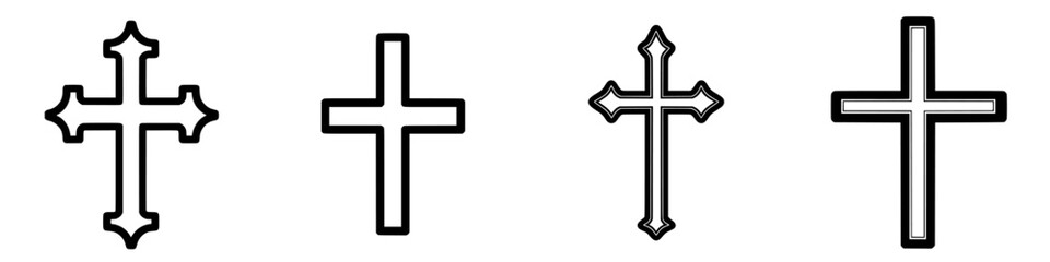 Various decorative cross designs displayed in a contemporary style, showcasing intricate details and differing shapes in black