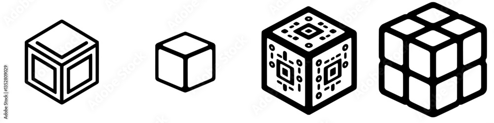 Poster different styles of cube designs featuring geometric patterns and details in various sizes and persp