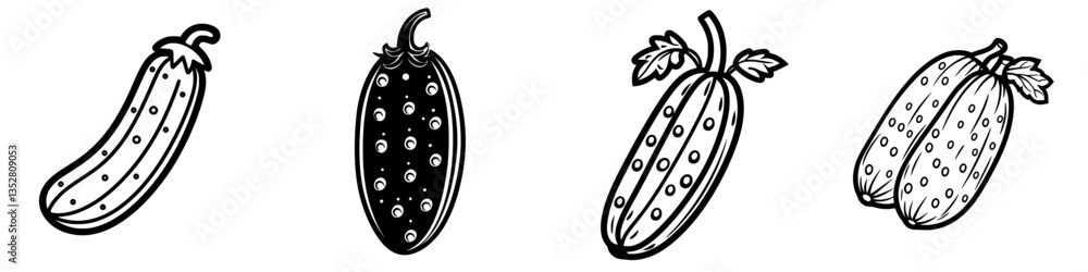 Poster various types of cucumbers illustrated in black and white with distinct shapes and designs on a clea