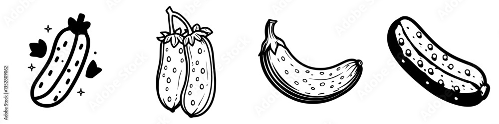 Poster different varieties of cucumbers illustrated in a simple black and white style during a creative art