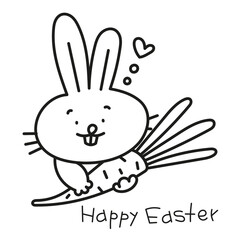 Linear vector doodle illustration of rabbit, hare and carrot on white background