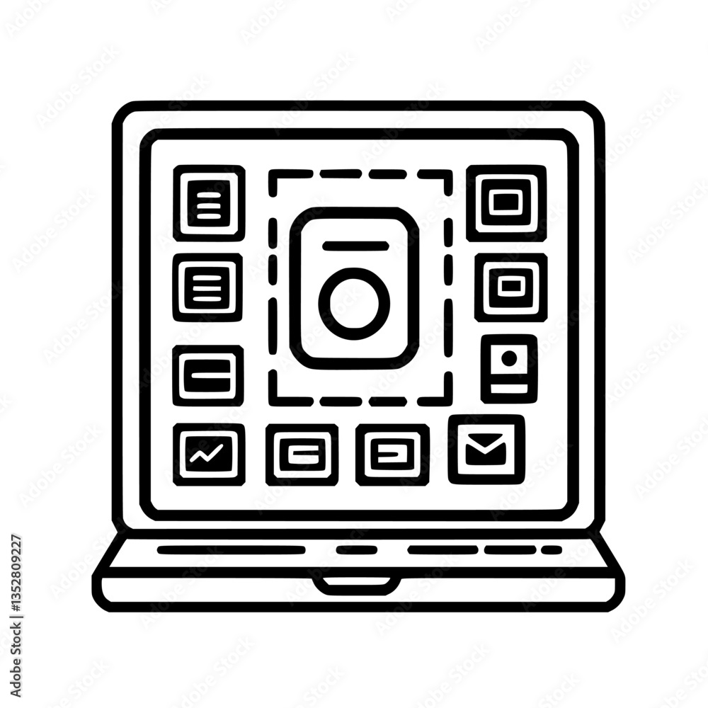 Poster digital illustration showing a laptop with various application icons on the screen in a modern works