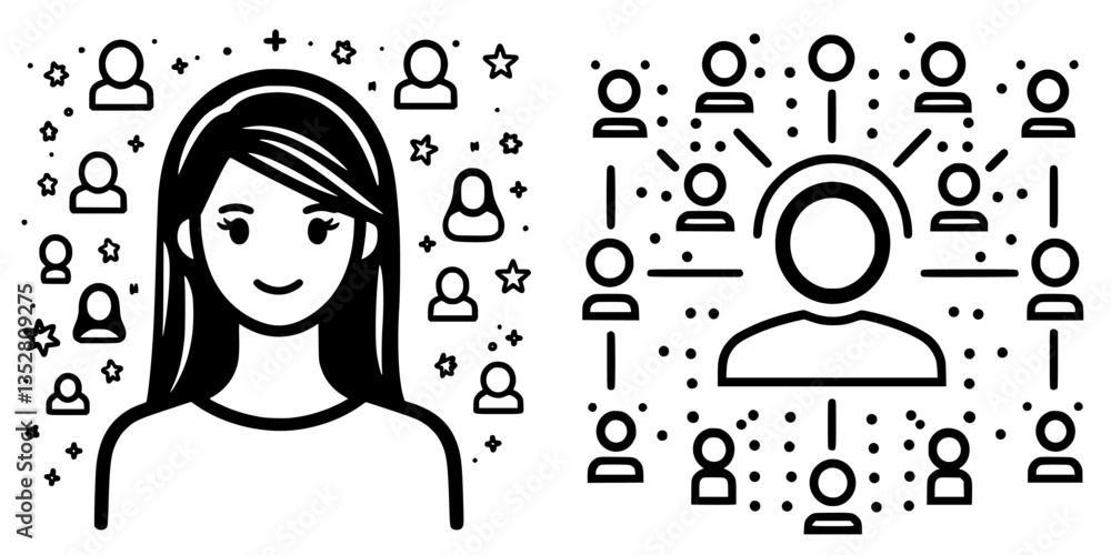 Poster digital networking illustration depicting connection and community among diverse individuals in a vi