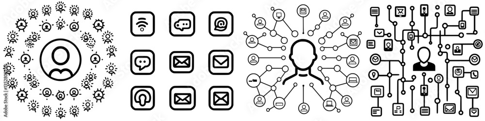 Poster connecting people through digital networks showcases various communication icons and elements