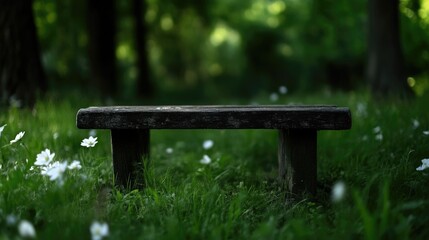 Naklejka premium Park bench in a grassy field of white flowers