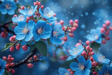 Blue Floral Pattern with Blossoms and Bokeh Design