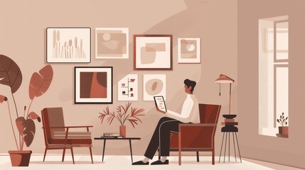 Cozy Living Room with Person Reading Tablet Modern Furniture Artwork on Walls Indoor Plants