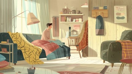 Cozy Living Room with Warm Blankets and Soft Lighting Featuring a Person Relaxing on a Sofa Su