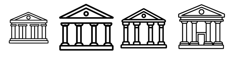 Fototapeta premium Various architectural designs of classical buildings featuring columns and pediments in a minimalistic style