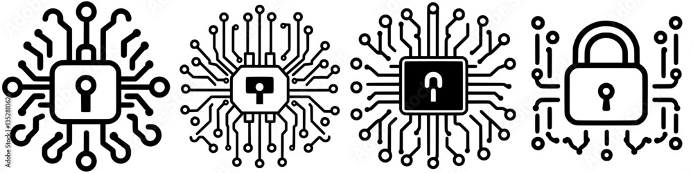 Poster detailed collection of abstract lock and circuit designs representing digital security concepts