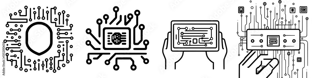 Poster modern technology and electronics representations with circuit patterns showcasing innovation and de