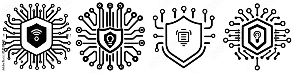 Poster innovative cybersecurity icons representing protection and technology with circuit patterns in a mod