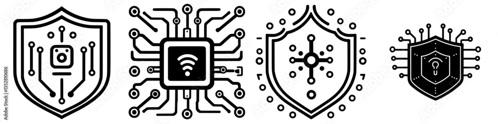 Poster digital security symbols design showcasing variety of protection icons and technology elements in a 