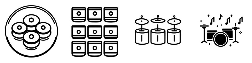 Graphic illustrations of various drum types and drumsticks in a playful music-themed design