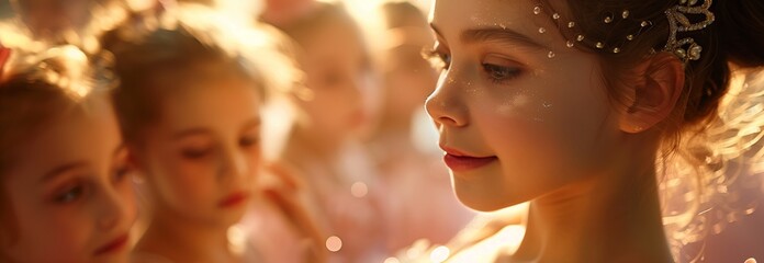 Portrait of a young girl gracefully preparing for a dance performance, surrounded by fellow dancers in soft lighting.
