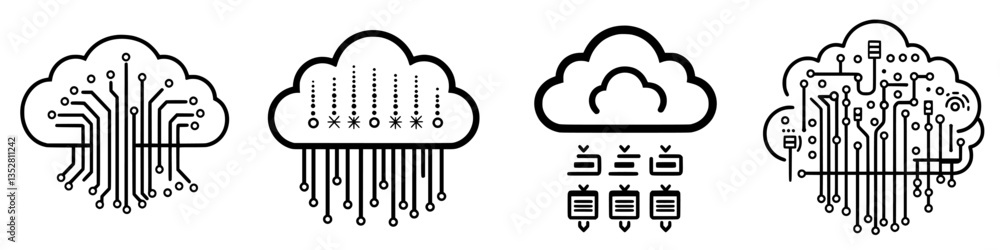 Poster digital cloud computing symbols representing data transfer, storage, and connectivity in modern tech