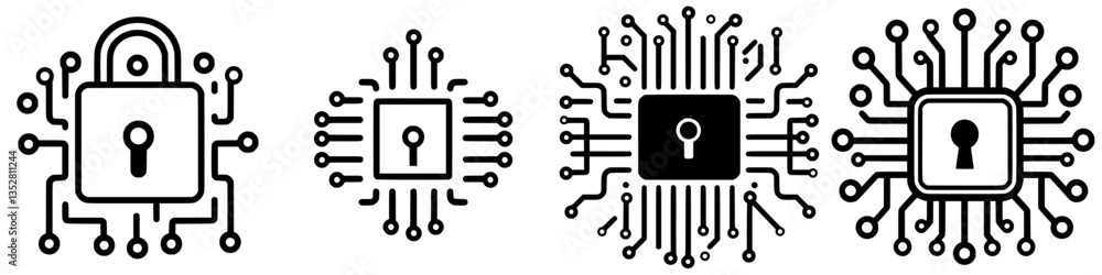 Poster cybersecurity icons representing digital lock protection with circuits in modern design showcasing t