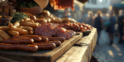 Fresh organic sausages and cured meats on farmer agricultural market in France
