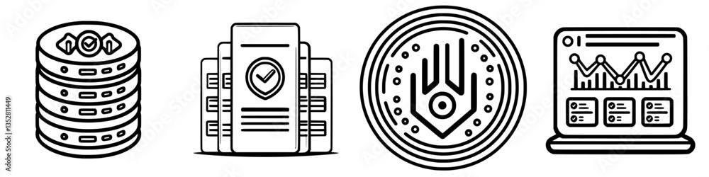 Poster digital data management and security icons representing various technology functions for modern busi