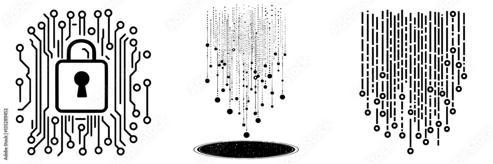 Poster digital security concepts depicted through abstract designs with lock, data stream, and binary patte