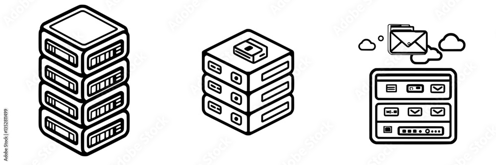 Poster network and data storage icons illustrating server technology and cloud communication in a minimalis