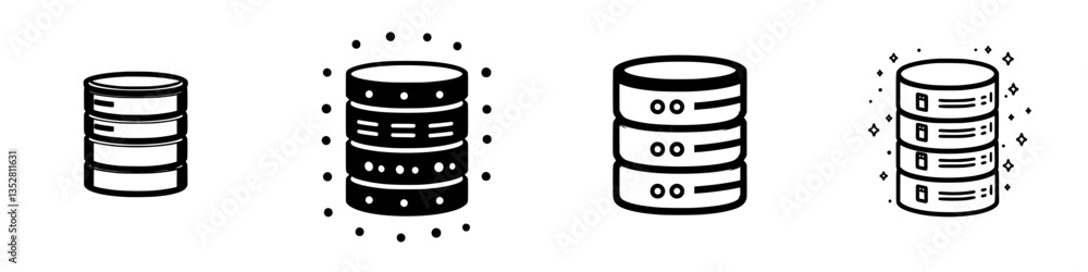 Poster various designs of database icons illustrating data storage concepts in a modern digital context