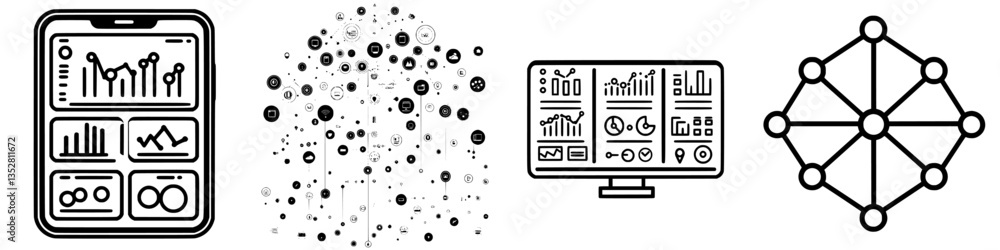 Poster digital data analysis through visual representations, showcasing graphs and interconnected data elem