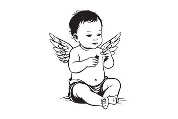 Cute Angel Baby Line Art Black and White Cherub Illustration 